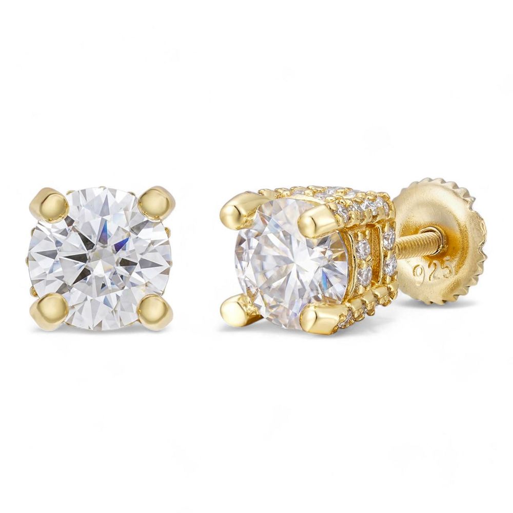 Brilliant Fully Iced Circle Solitaire Yellow Gold 925 Sterling Silver Round Stud Screw Back Earrings