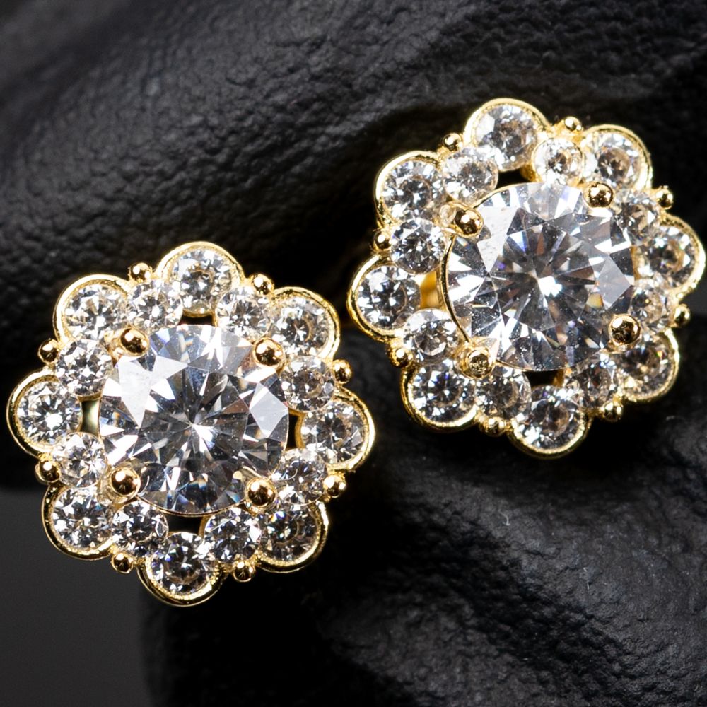 Brilliant Round Halo 925 Sterling Silver 14K Yellow Gold Flower Cluster Hip Hop Stud Earrings