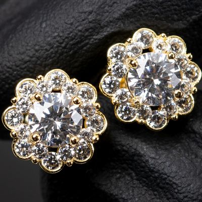 Brilliant Round Halo 925 Sterling Silver 14K Yellow Gold Flower Cluster Hip Hop Stud Earrings