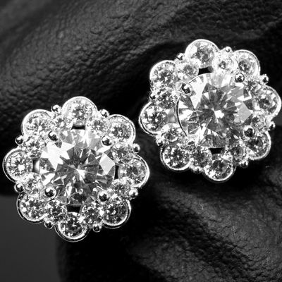 Brilliant Round Halo 925 Sterling Silver White Gold Flower Cluster Hip Hop Stud Earrings
