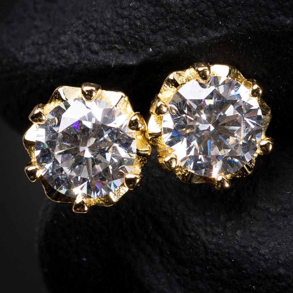 Round Solitaire Halo Brilliant 925 Sterling Silver 14K Yellow Gold Flower Hip Hop Stud Earrings