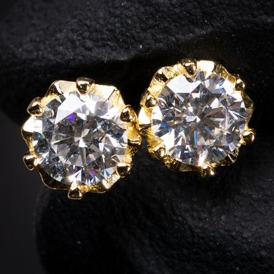 Round Solitaire Halo Brilliant 925 Sterling Silver 14K Yellow Gold Flower Hip Hop Stud Earrings