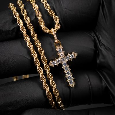 Small Yellow Gold Iced Cz Cross Pendant &amp; Rope Chain Necklace