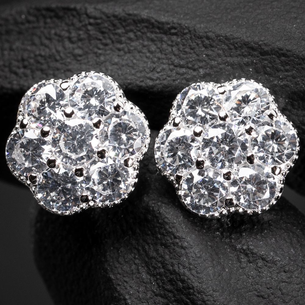 Men&#39;s Brilliant White Gold 925 Sterling SilverIced Cz Flower Cluster 10mm Stud Earrings