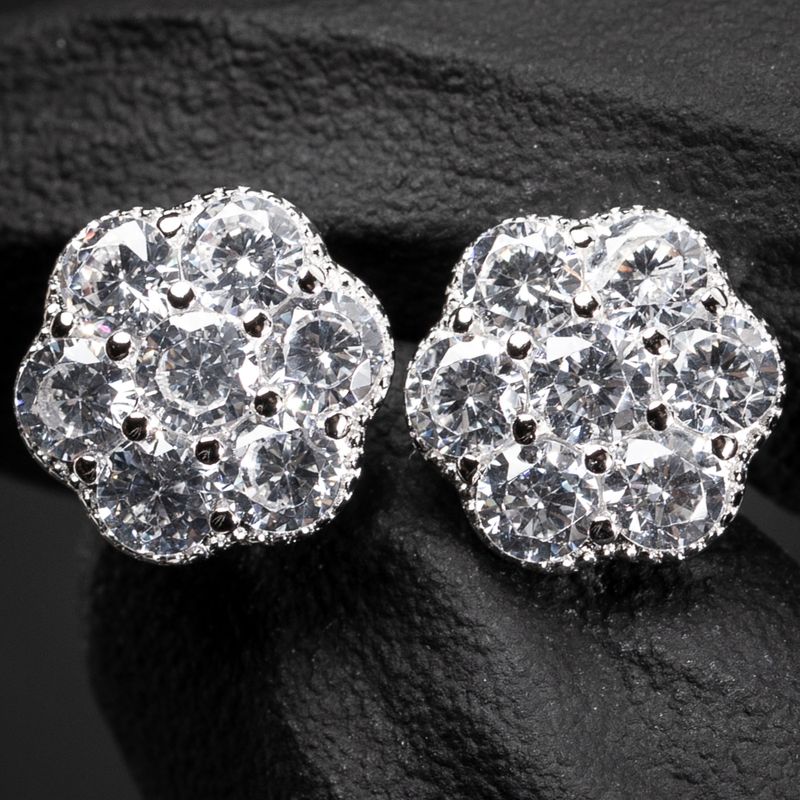 Men's Brilliant White Gold 925 Sterling SilverIced Cz Flower Cluster 10mm Stud Earrings