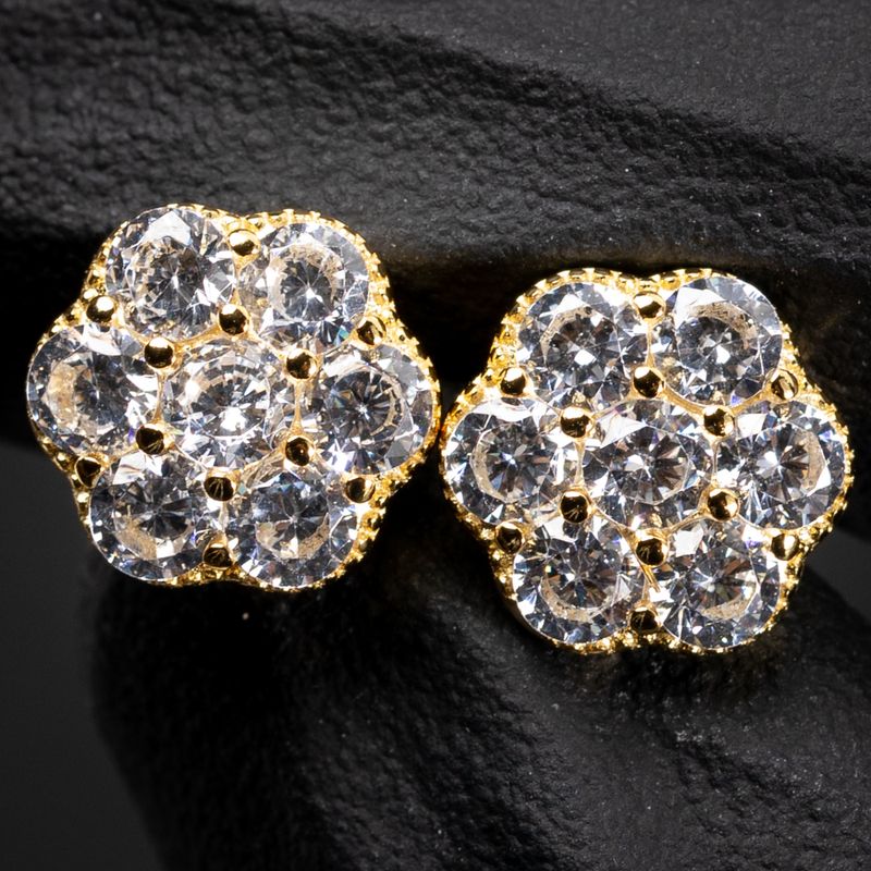 Men's Brilliant Yellow Gold 925 Sterling SilverIced Cz Flower Cluster 10mm Stud Earrings