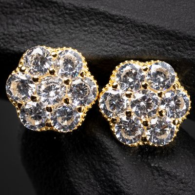 Men&#39;s Brilliant Yellow Gold 925 Sterling SilverIced Cz Flower Cluster 10mm Stud Earrings