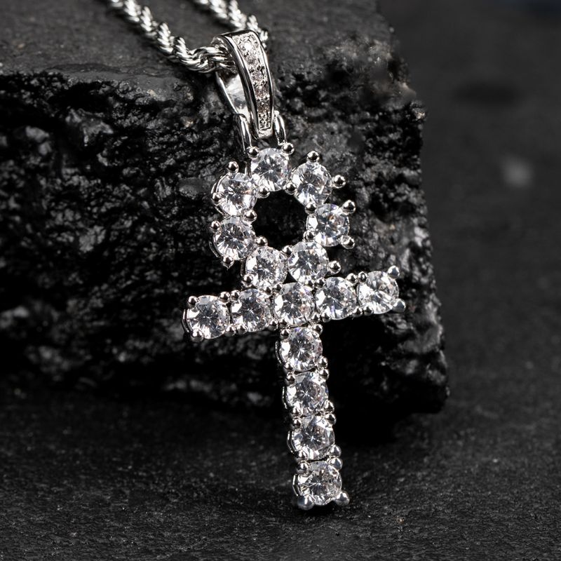 Silver Iced Pointer Cz Egyptian Ankh Cross Pendant With Rope Chain Necklace