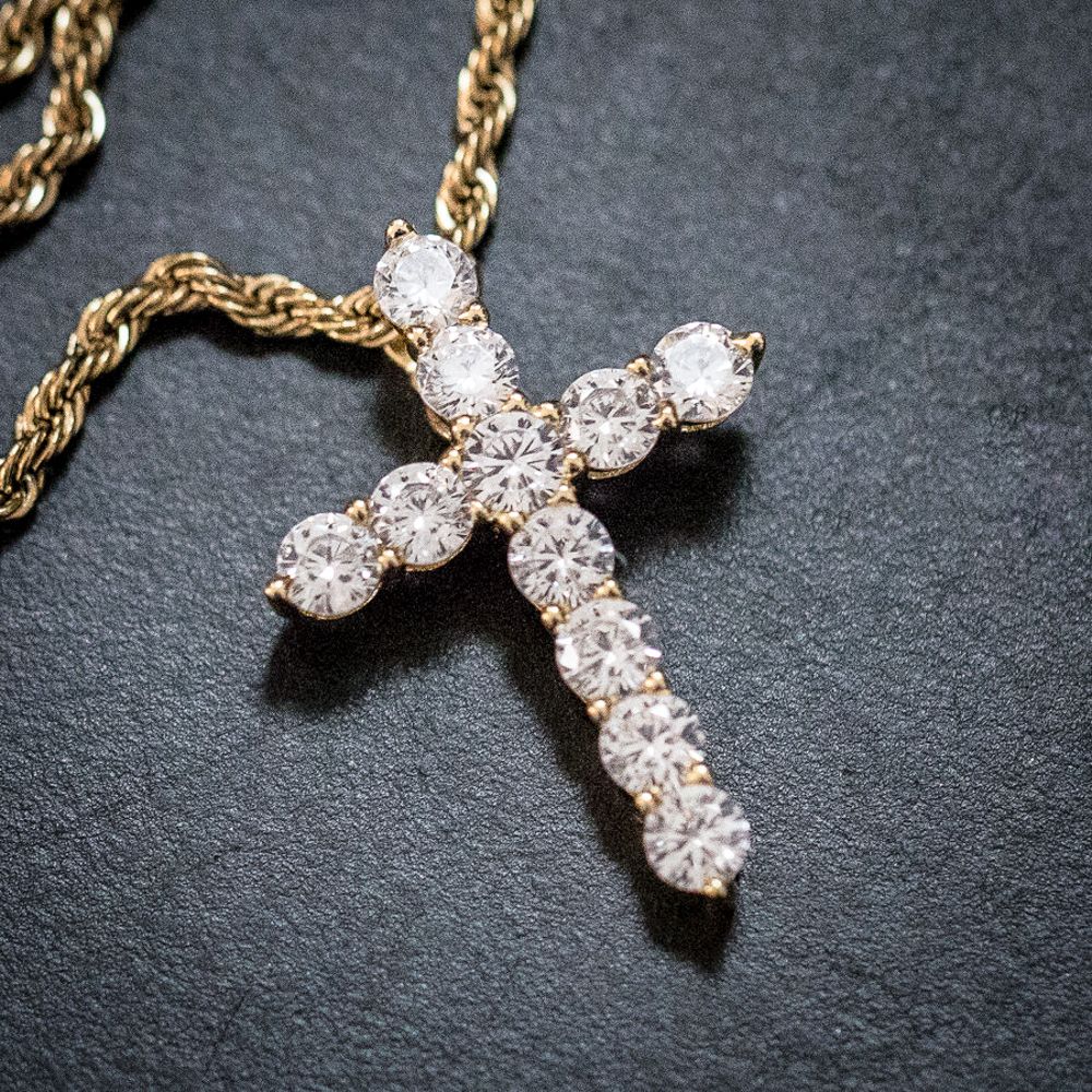 Yellow Gold Plated Iced Cz Small Mini ​ Cross Pendant And Rope Chain Necklace