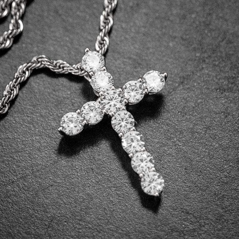White Gold Plated Iced Cz Small Mini ​ Cross Pendant And Rope Chain Necklace