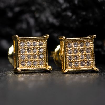Mens 14K Yellow Gold 925 Sterling Silver Small Square Hip Hop Stud Earrings