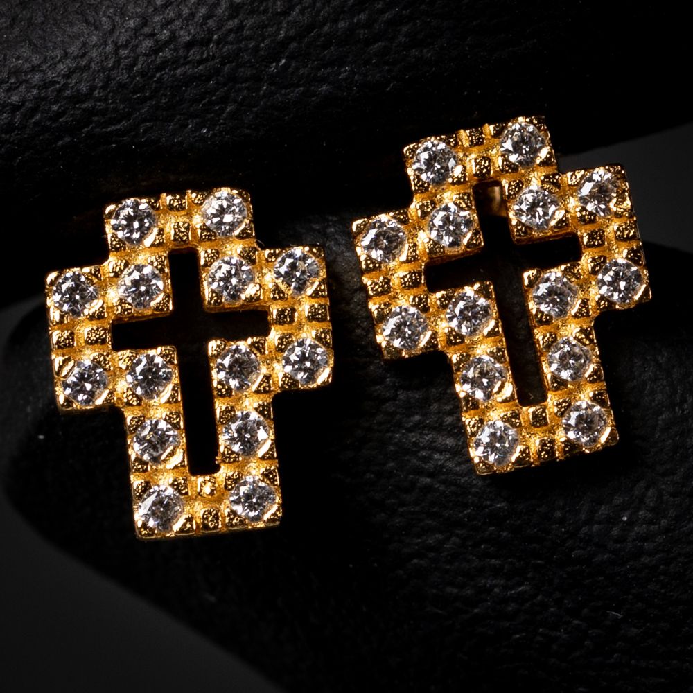 Iced Cz 14K Yellow Gold Sterling Silver Cross Screw Back Stud Earrings