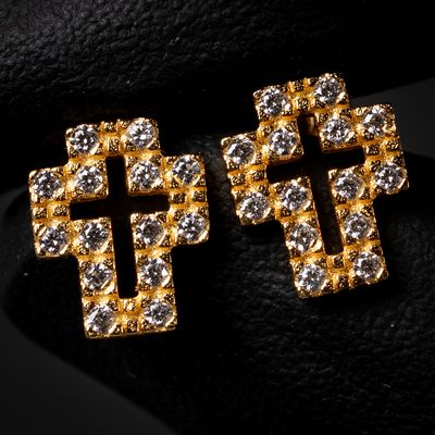 Iced Cz 14K Yellow Gold Sterling Silver Cross Screw Back Stud Earrings