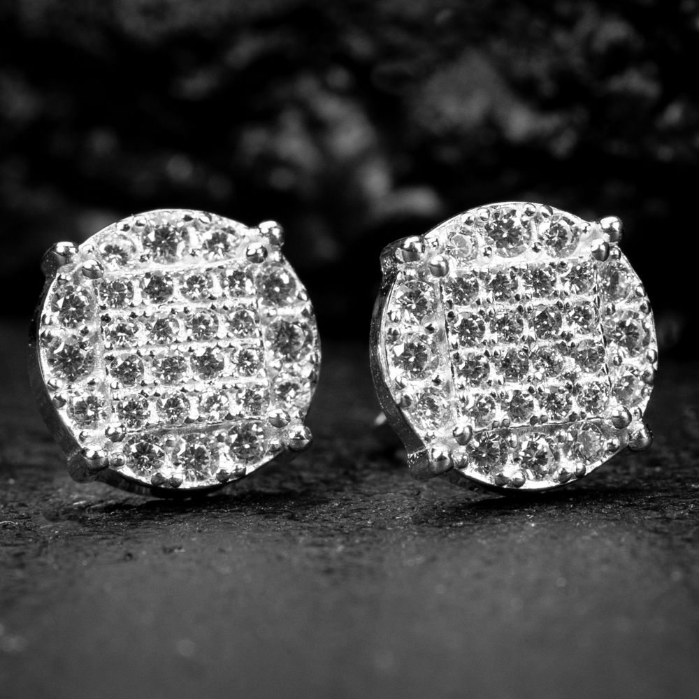 Round White Gold Plated Sterling Silver Four Prong Micro Pave Hip Hop Stud Earrings