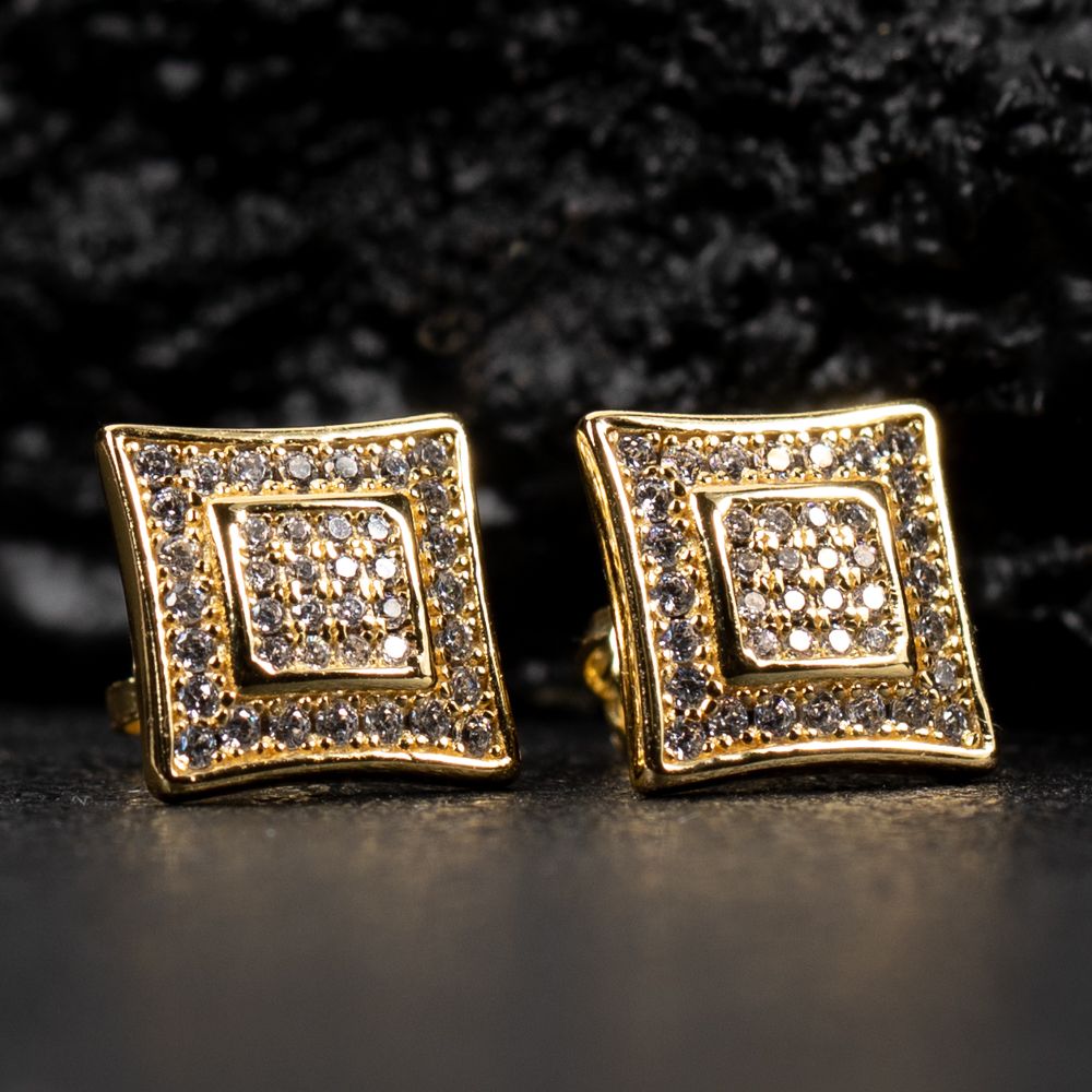 Yellow Gold Hip Hop Square Iced Cz Square Stud Screw Back Post Earrings