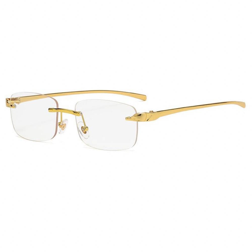 Rectangle Rimless Vintage Gold Frame Men&#39;s Clear Lens Retro Hip Hop Leopard Arm  Eye Glasses