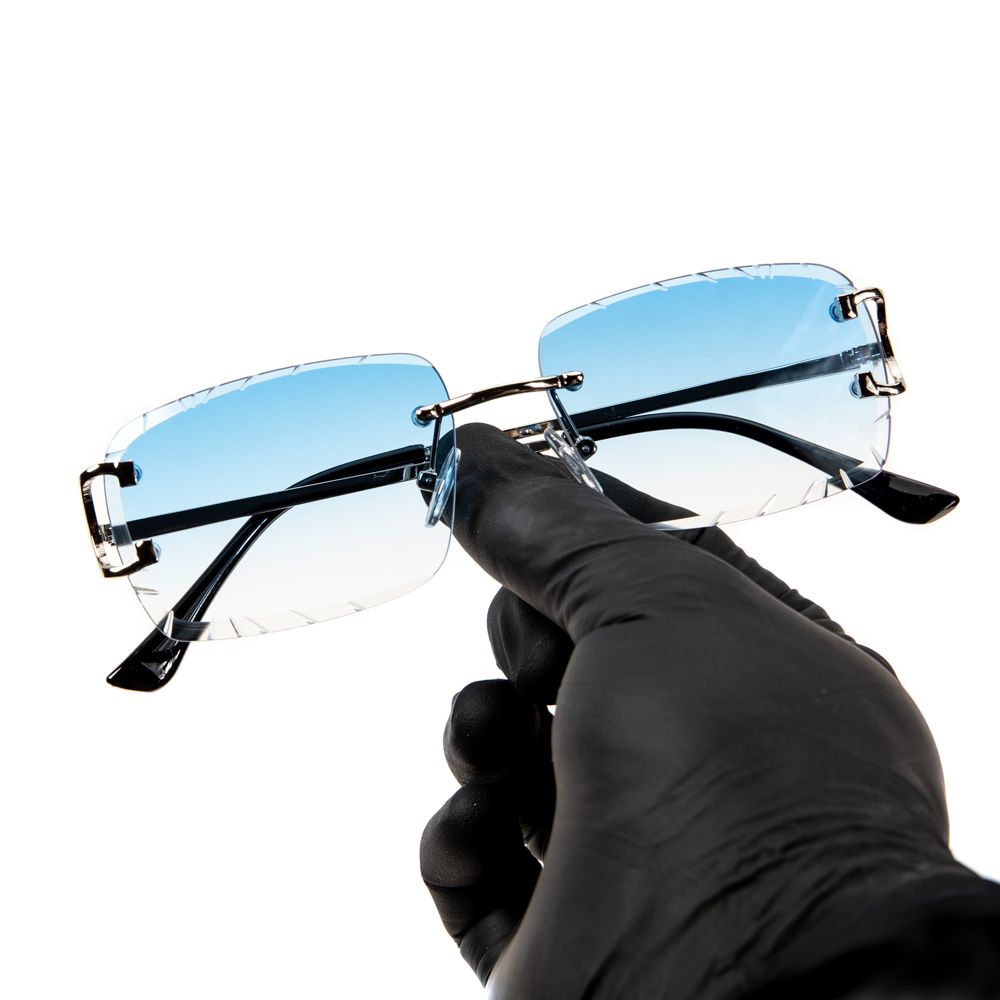 Sky Blue Tint Silver Frame Hip Hop Gem Cut Rimless Sunglasses For Men And Women