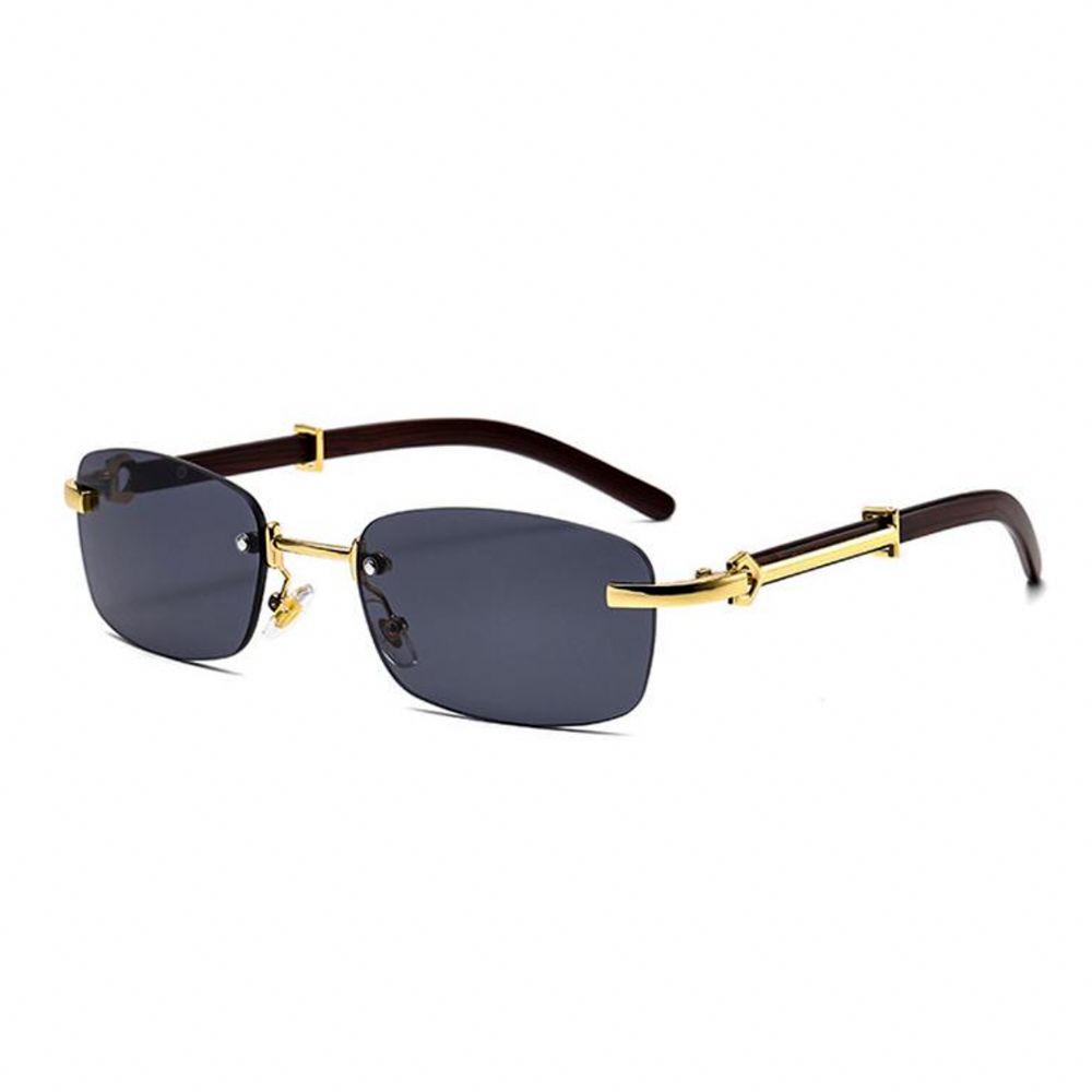 Gold Frame Rectangle Rimless Woodgrain Men Women&#39;s Black Tint Hip Hop Sunglasses