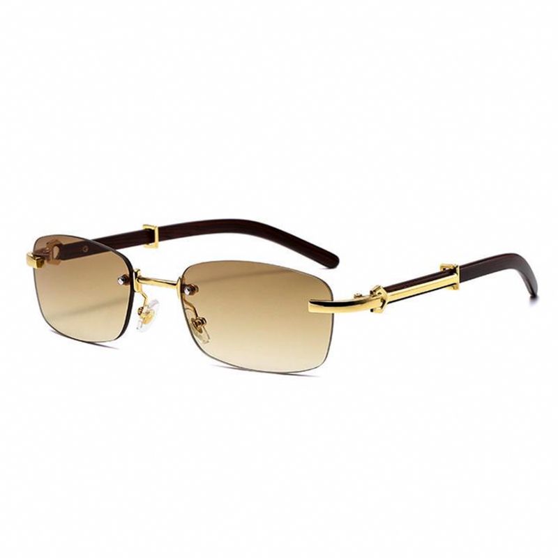Gold Frame Rectangle Rimless Woodgrain Men Women&#39;s Brown Tint Hip Hop Sunglasses