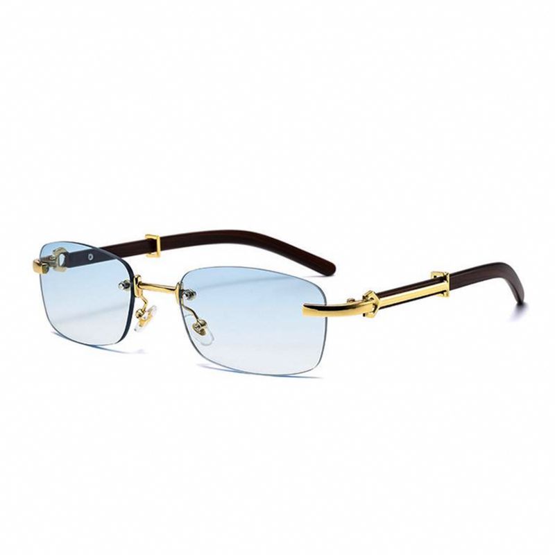 Gold Frame Rectangle Rimless Woodgrain Men Women&#39;s Baby Blue Tint Hip Hop Sunglasses