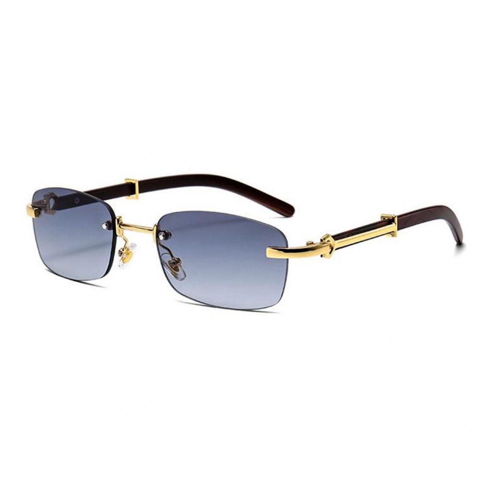 Gold Frame Rectangle Rimless Woodgrain Men Women&#39;s Gray Tint Hip Hop Sunglasses