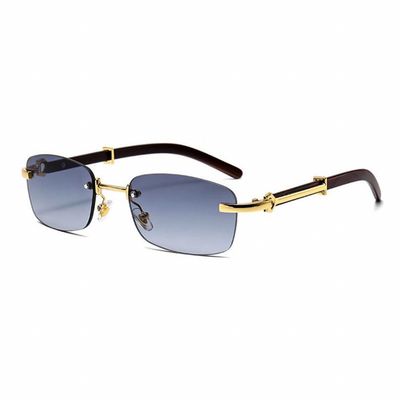 Gold Frame Rectangle Rimless Woodgrain Men Women&#39;s Gray Tint Hip Hop Sunglasses