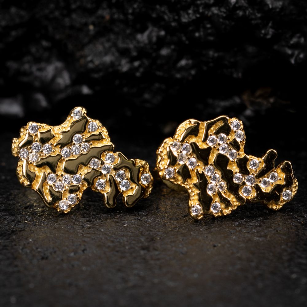 Yellow Gold Diamond Cut Nugget Men&#39;s Iced Hip Hop Stud Screw Back Earrings