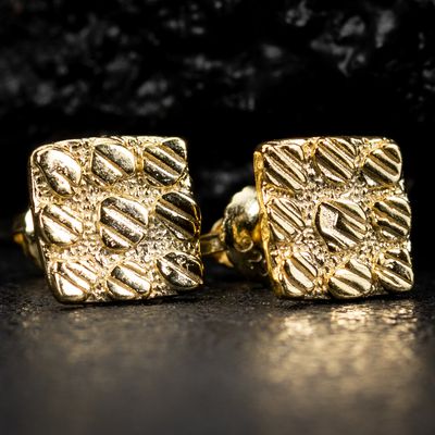 Men&#39;s Square Shape Gold Plated 925 Sterling Silver Diamond Cut Hip Hop Nugget Stud Earrings