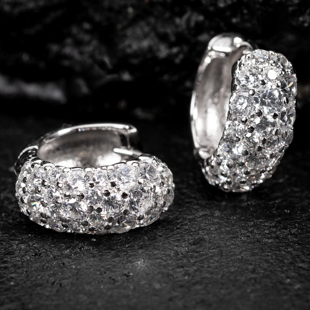 White Gold Plated 925 Sterling Silver Iced Cz Mosaic Honey Comb Flower Set Hoop Earrings