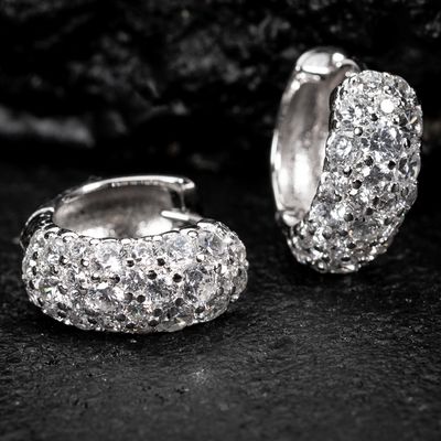 White Gold Plated 925 Sterling Silver Iced Cz Mosaic Honey Comb Flower Set Hoop Earrings