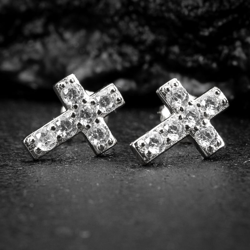 Iced Solitaire Cz 14K White Gold Sterling Silver Cross Screw Back Stud Earrings