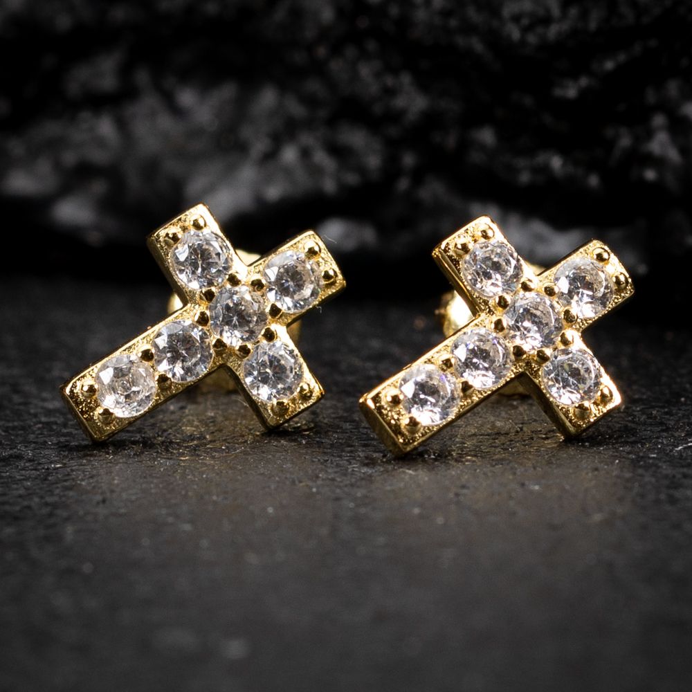 Iced Solitaire Cz 14K Yellow Gold Sterling Silver Cross Screw Back Stud Earrings