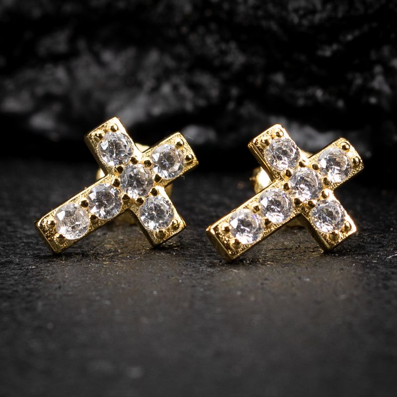 Iced Solitaire Cz 14K Yellow Gold Sterling Silver Cross Screw Back Stud Earrings