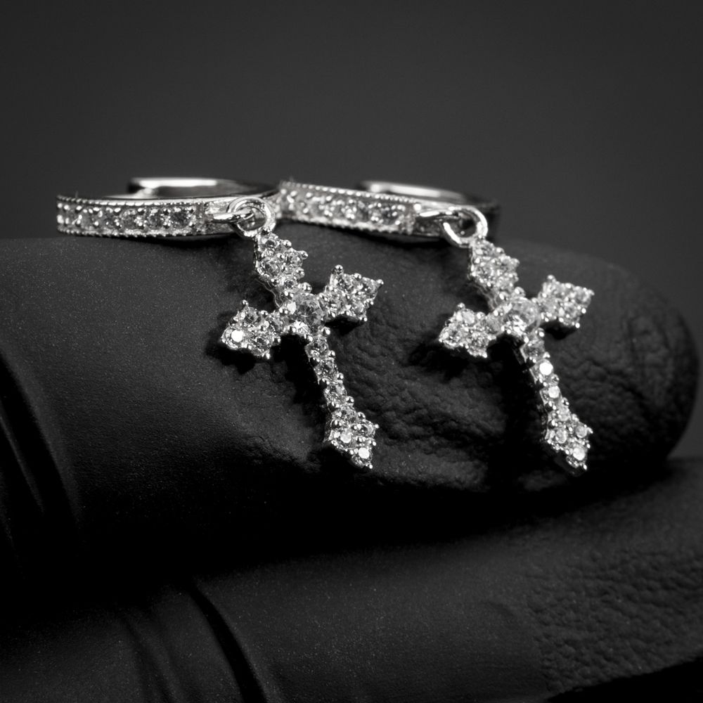 White Gold Sterling Silver Dangle Cross Hoop Earrings White Gold Sterling Silver Dangle Cross Hoop Earrings