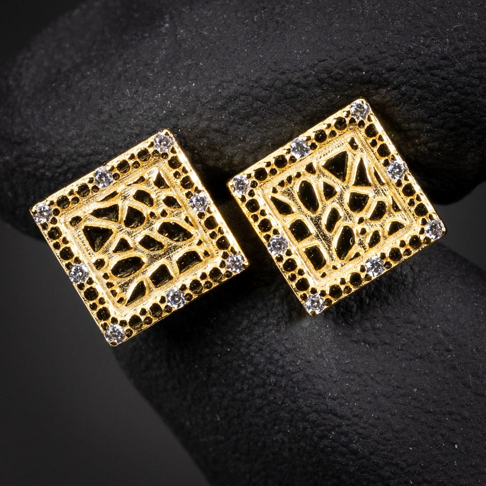 Mens Square Iced Cz Yellow Gold Sterling Silver 9mm Nugget Hip Hop Stud Earrings