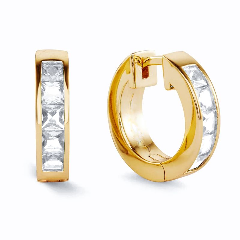 Classic Princess Cut  Yellow Gold Plated 925 Sterling Silver Huggie Hoop Earrings