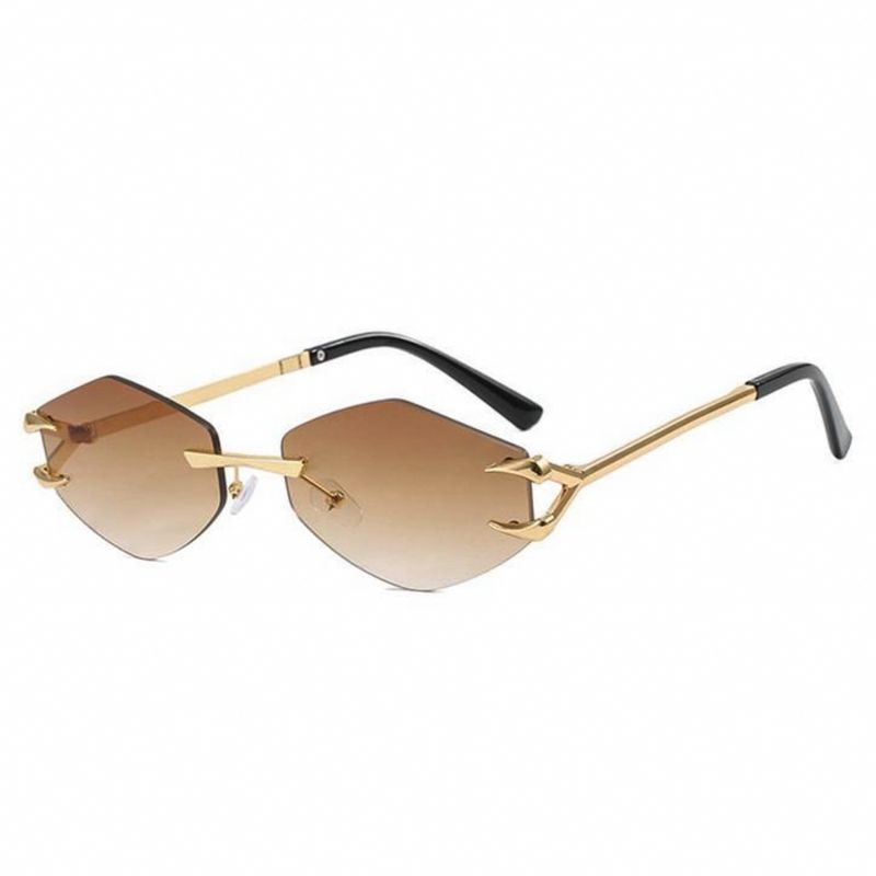Gold Frame Brown Tint Hexagon Rimless Trendy Sunglasses