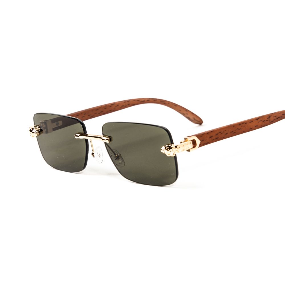Men&#39;s Retro Leopard Head Rimless Gold Frame Dark Green Tint Woodgrain arm Luxury Sunglasses