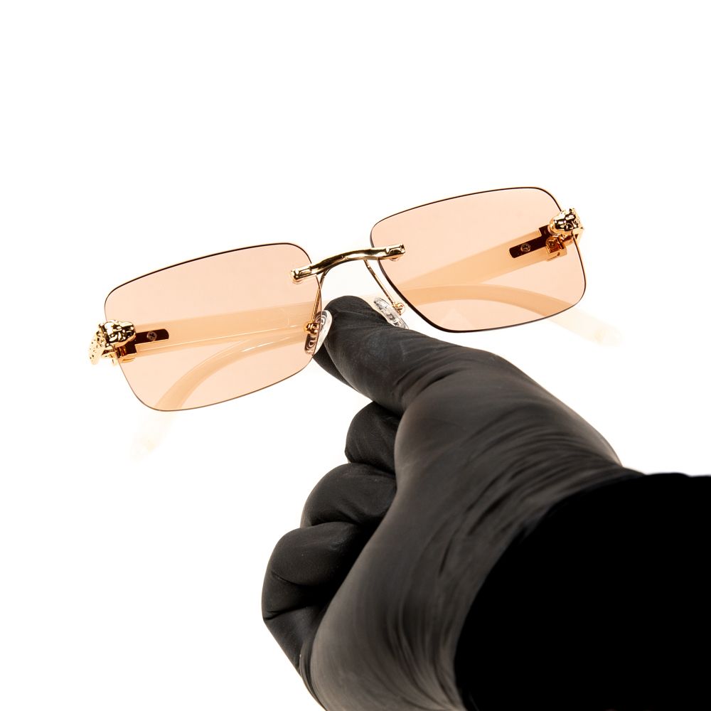 Men's Retro Leopard Head Rimless Gold Frame Pink Tint Luxury Sunglasses