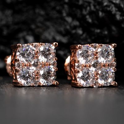 Square Flower Cluster Rose Gold Plated Sterling Silver Stud Screw Back Earrings