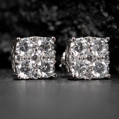 Square Flower Cluster White Gold Plated Sterling Silver Stud Screw Back Earrings