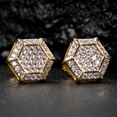 Two Tone Gold Plated 925 Sterling Iced Cz Octagonal Stud Screw Back Earrings