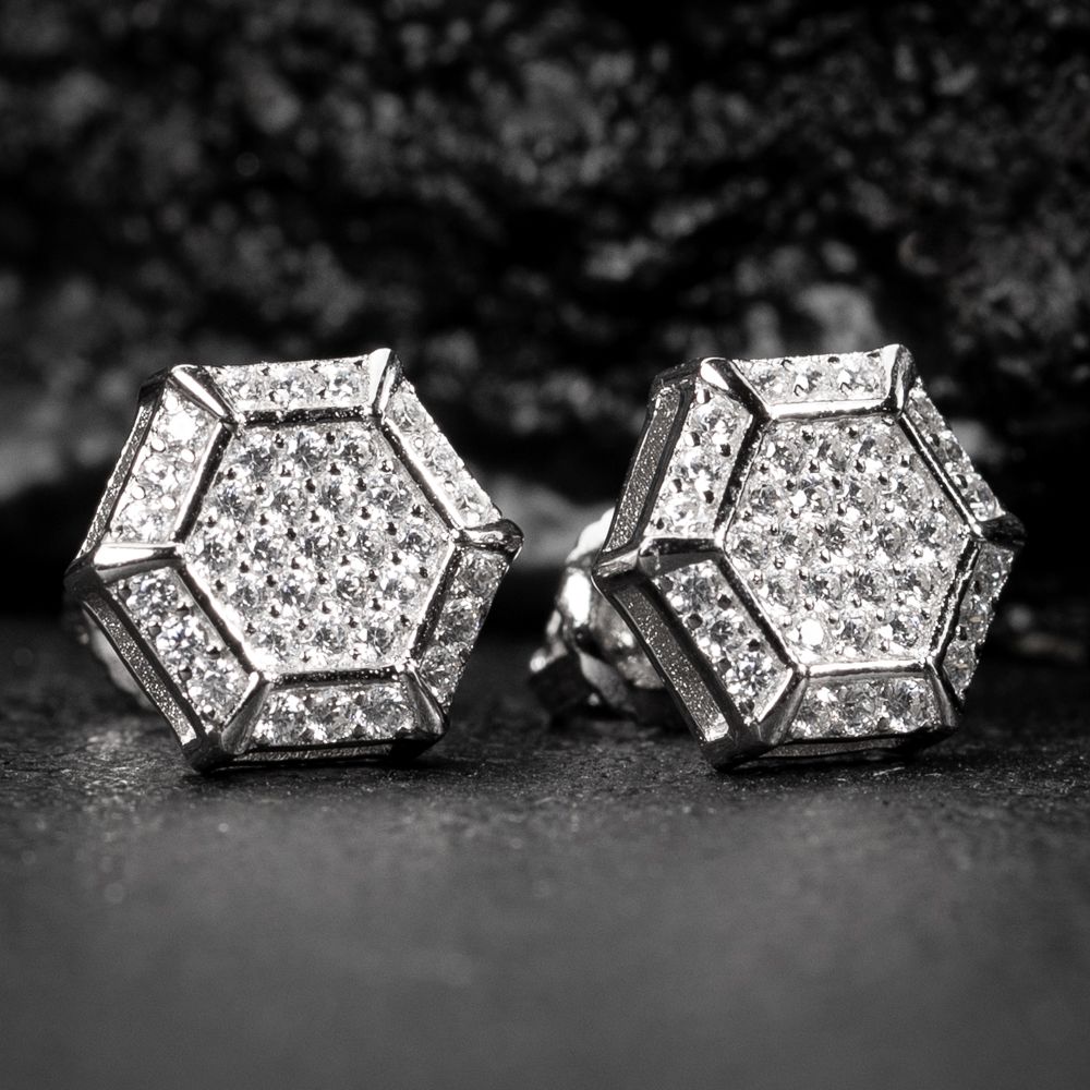 White Gold Plated 925 Sterling Iced Cz Octagonal Stud Screw Back Earrings
