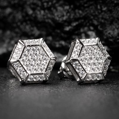 White Gold Plated 925 Sterling Iced Cz Octagonal Stud Screw Back Earrings