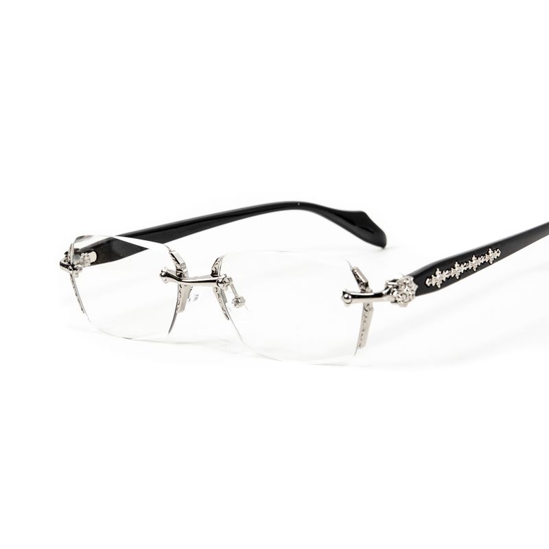 Retro Designer Edge Cut Gothic Cross Style Vintage Rimless Clear Lens Silver Frame Hip Hop Luxury Eye Glasses