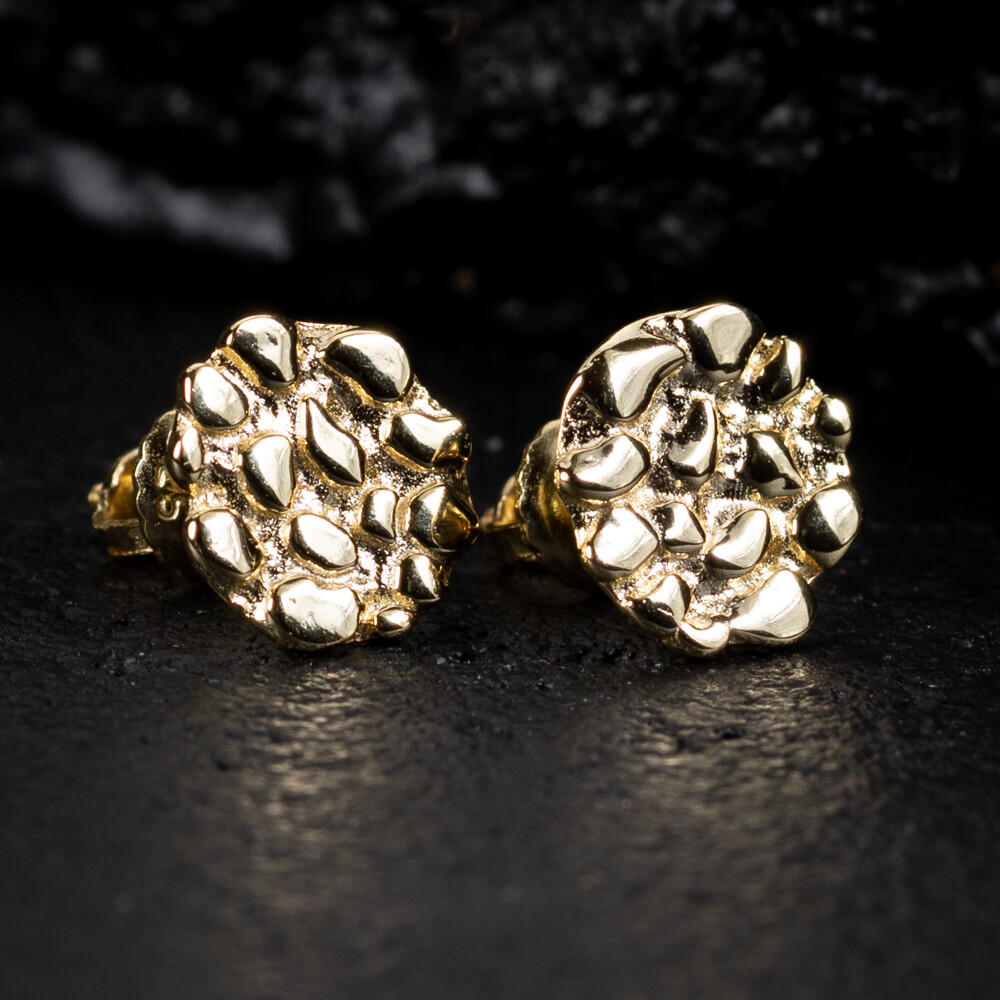 Yellow Gold Plated 925 Sterling Silver Screw Back Post Round Shaped Men's Nugget Earrings