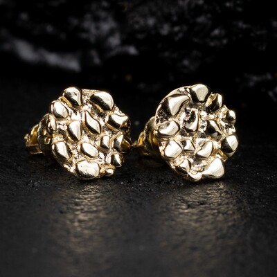 Yellow Gold Plated 925 Sterling Silver Screw Back Post Round Shaped Men's Nugget Earrings
