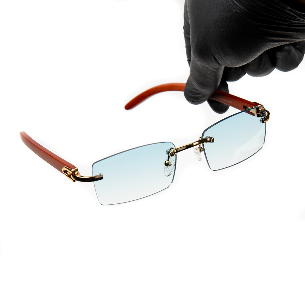 Baby Blue Rimless Gold Frame Hip Hop Men's Woodgrain Sunglasses