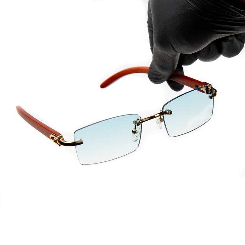 Baby Blue Rimless Gold Frame Hip Hop Men's Woodgrain Sunglasses