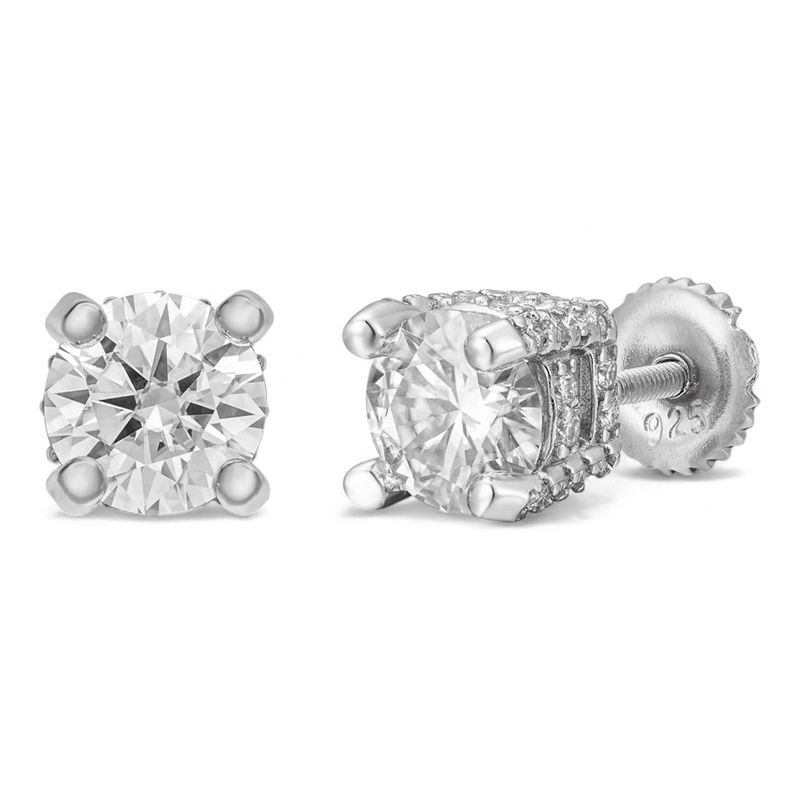 Brilliant Fully Iced Circle Solitaire 925 Sterling Silver Round Stud Screw Back Earrings